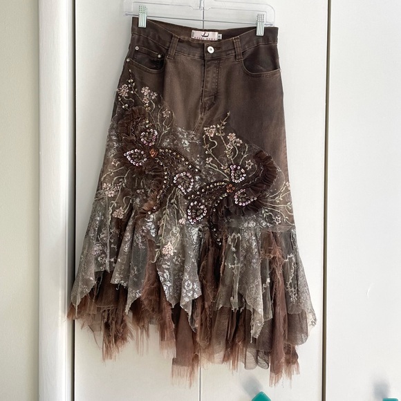 Rossi Roma Brown Denim Layered Lace Ruffle Sequin Midi Skirt Size Small - Picture 1 of 14